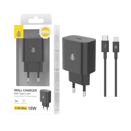 OnePlus EU Wall Charger NA0274 with Type C to Lightning Cable 1PD Port 3.4A Max. 18W Black